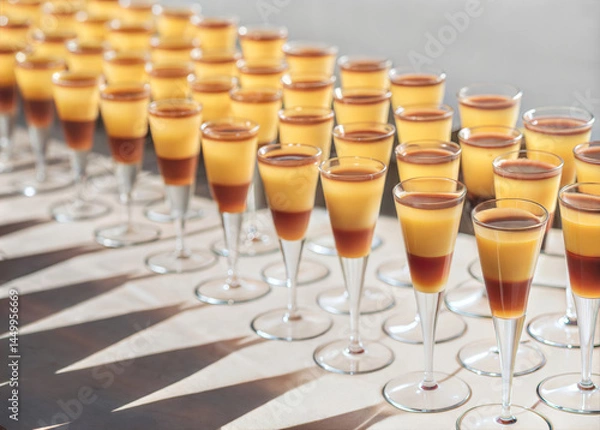 Fototapeta Layered yellow red fruit cocktails in wine glasses. Organized preparation for big happy hour party in buffet for big company. Long evening shadows