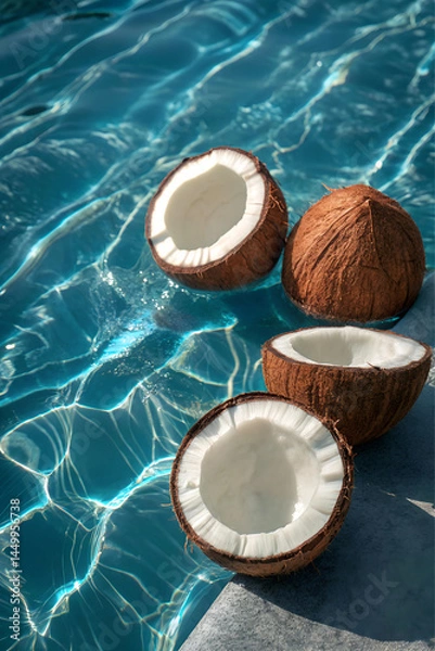 Fototapeta Coconuts halfs are floating in a pool of clear water.