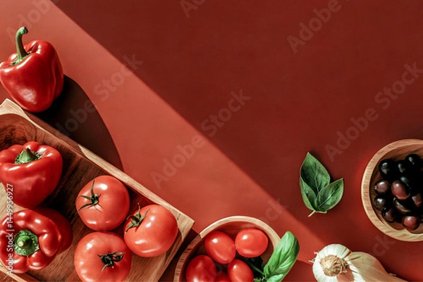 Fototapeta Modern photography composition with fresh vegetables. Fresh ingredients ready for cooking. Flat lay view from above.