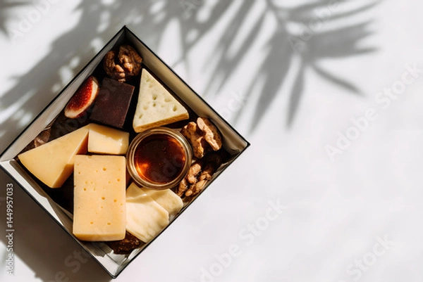 Fototapeta Various types of cheese on a wooden plate. Natural light, white background with copy space. Flat lay view from above.