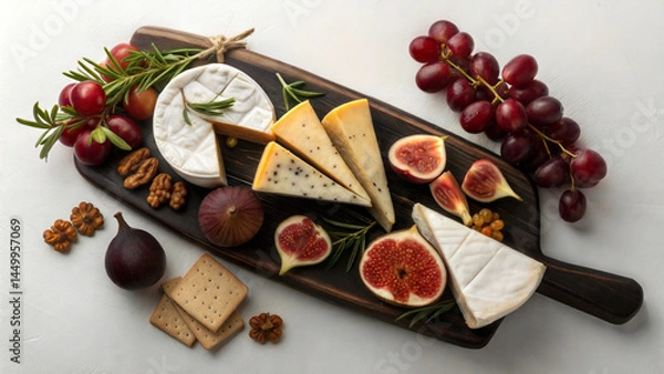 Fototapeta Various types of cheese on a wooden plate with figs, grape, crackers. Natural light, white background. Flat lay view from above.