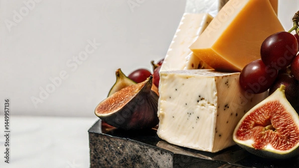Obraz Cheese platter with organic cheeses, fruits, nuts. Midday appetizer bundle. Natural light close-up photo.