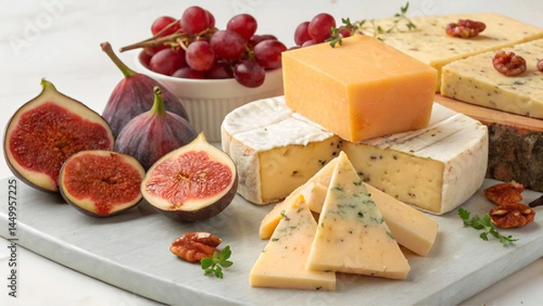 Fototapeta Mix cheese on wooden board. A variety of cheeses are displayed on a white table, including blue cheese