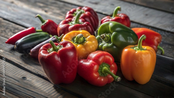 Obraz A vibrant assortment of bell peppers in a rainbow of colors artfully arranged on a charming rustic wooden surface
