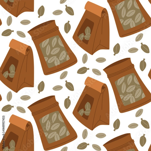 Fototapeta Pattern paper bags with large-leaf tea inside. a closed zippered tea bag for storing natural tea. a brown bag with leaves. flat illustration in texture. Seamless. Green and black dry tea