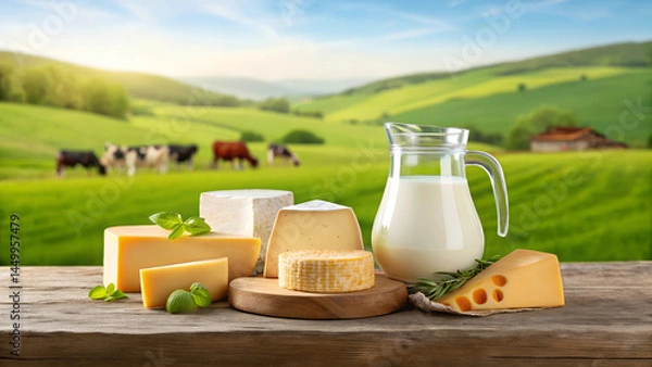 Fototapeta Artisan cheese and fresh milk displayed on a rustic table with a scenic farm background. Hilled landscape with grazing cows on a green meadow grassland
