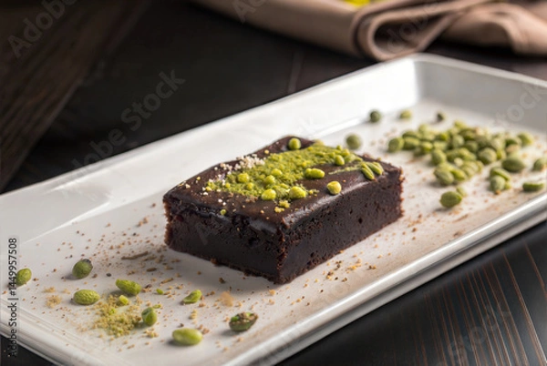 Obraz A tempting chocolate dessert, garnished with crushed pistachios, delightful gourmet dining. Brownie cake with restaurant serving