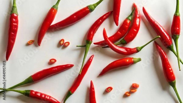 Fototapeta Fresh red chili peppers are scattered beautifully on a surface, ideal for various culinary or food related projects