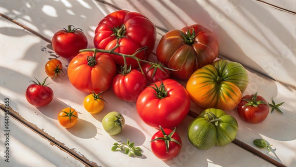 Fototapeta A vibrant and colorful array of heirloom tomatoes, demonstrating various varieties and textures on a sunlit surface