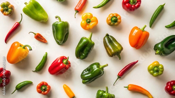 Obraz A vibrant and colorful collection showcasing a variety of bell peppers as well as chilis against a light background