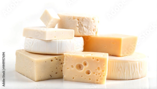 Fototapeta A visually stunning and delicious display of various cheese blocks and slices on a pristine white background
