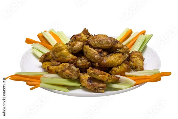 Fototapeta fried chicken legs with wings, asparagus and carrots on a plate isolated on white background