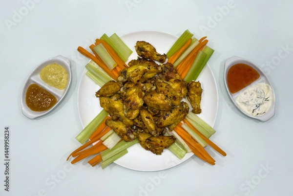Fototapeta fried chicken legs with wings, asparagus and carrots on a plate on white background