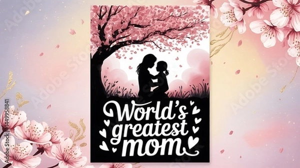 Obraz Mother and child silhouette under cherry blossom tree