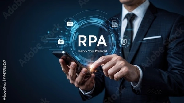 Fototapeta Businessperson interacts with a mobile device displaying robotic process automation.