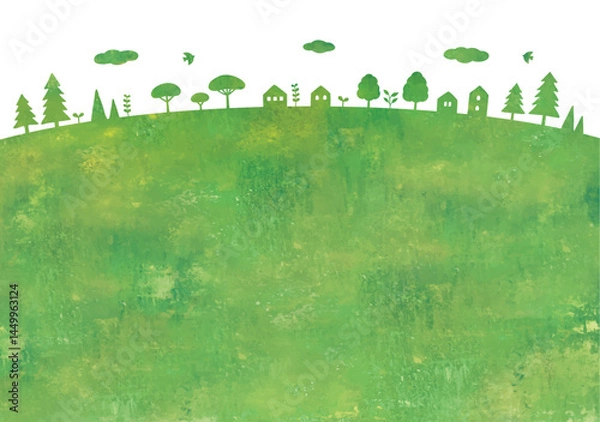 Fototapeta エコグリーン草原の丘の街水彩