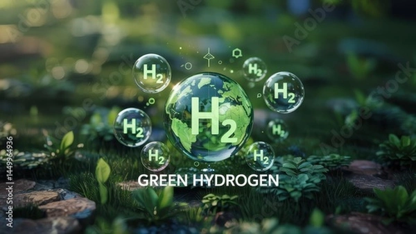 Fototapeta Green hydrogen molecule displayed on a globe over nature.