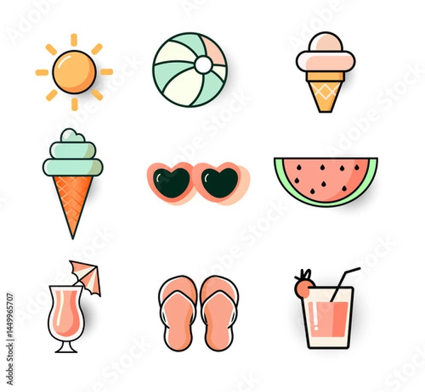 Obraz Cute Summer Icon Set – Sun, Ice Cream, Beach Ball, Flip Flops, Sunglasses, Watermelon, and Refreshing Drinks – Colorful Flat Design vector illustration design
