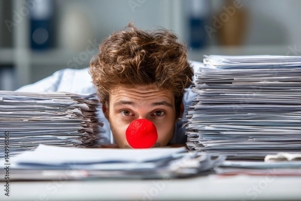 Fototapeta A man with a red clown nose peeks over a large stack of papers in an office setting.