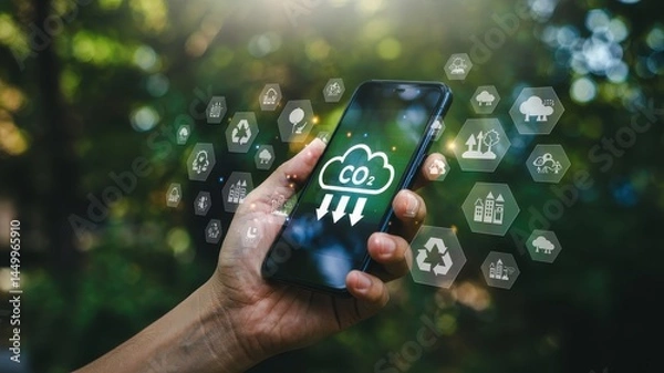 Fototapeta Mobile phone displaying a carbon emission reduction concept.