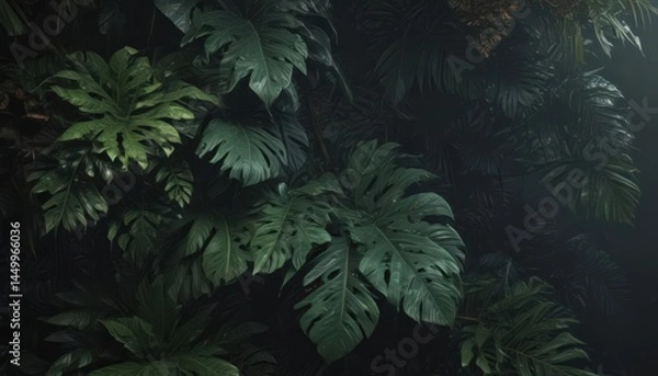 Obraz Intricate exotic leaf layers, dark and mysterious, form a stylish tropical backdrop ,  exotic,  green,  veined