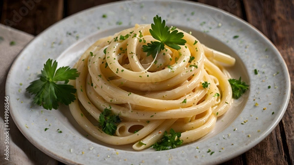 Fototapeta "Decadent White Pasta in Creamy Parmesan Sauce on Elegant Plate with Rustic Touch"