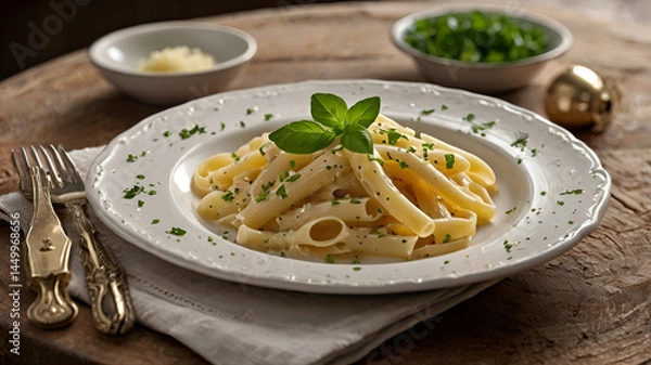 Fototapeta "Decadent White Pasta in Creamy Parmesan Sauce on Elegant Plate with Rustic Touch"