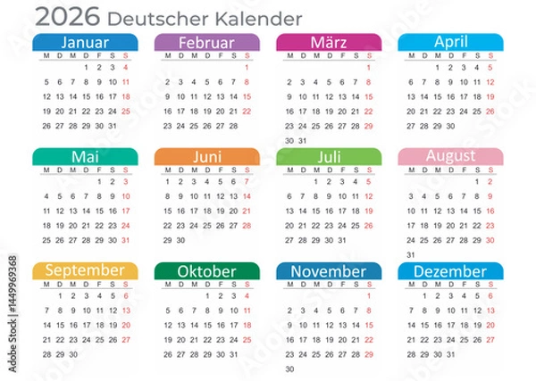 Fototapeta Calendar 2026 Year mockup. German version. Annual horizontal template with colored tabs on white background. Modern design. Editable format. EPS10.