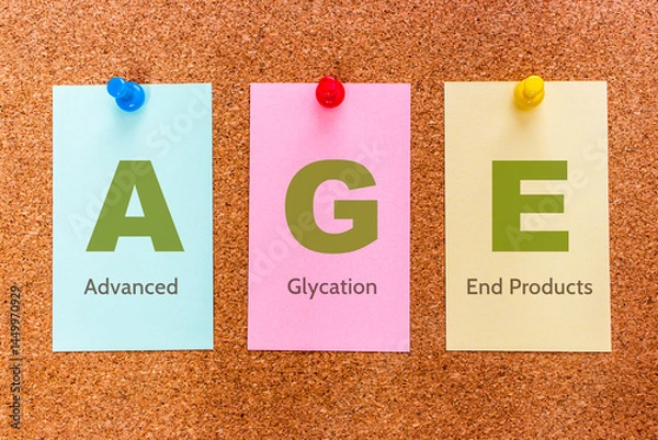 Fototapeta Conceptual 3 letters keyword AGE (Advanced Glycation End Products), on multicolored stickers attached to a cork board.
