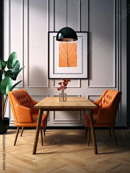 Fototapeta Dining area with orange chairs, wooden table, black pendant light, and leaf artwork on the wall