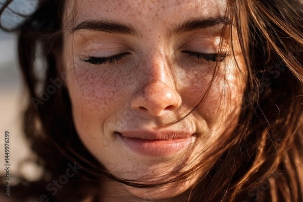 Fototapeta A close-up shot of a smiling woman with freckles and her eyes gently closed in the sunlight.