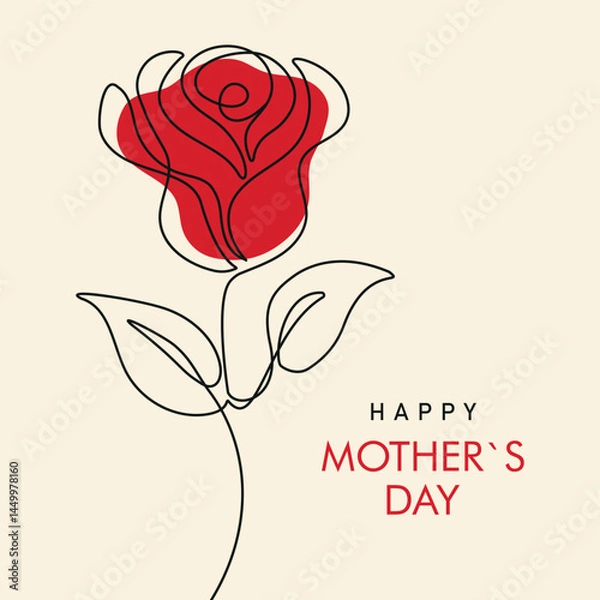 Obraz Mother`s day card with red rose in line art style, isolated vector illustration, modern abstract design,template for greeting cards,poster,invitation, banner,prints