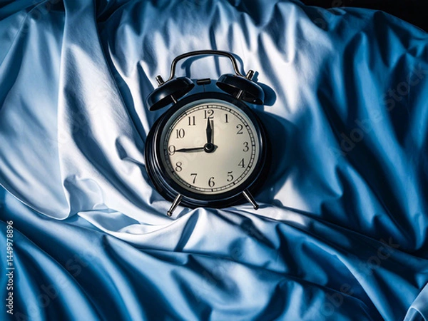 Obraz Close-up of wrinkled sheets and alarm clock ringing in early morning, dark shadows, blue light, uncomfortable sleep, visual metaphor for cognitive fatigue and sleep deprivation