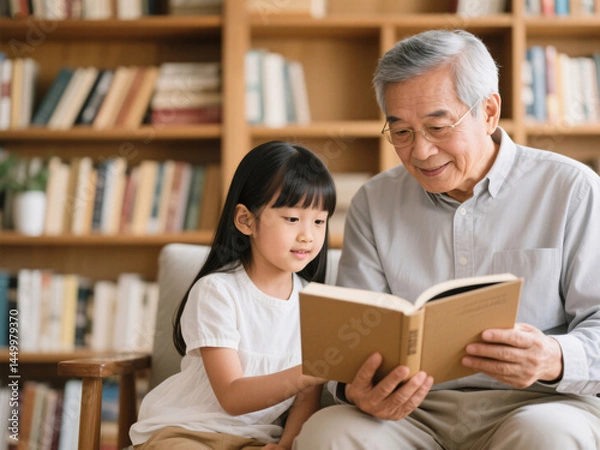 Obraz Elderly grandfather and young girl sharing a book on couch, wooden bookshelf in background, natural light and warm tones, stock photo about brain health and family connection