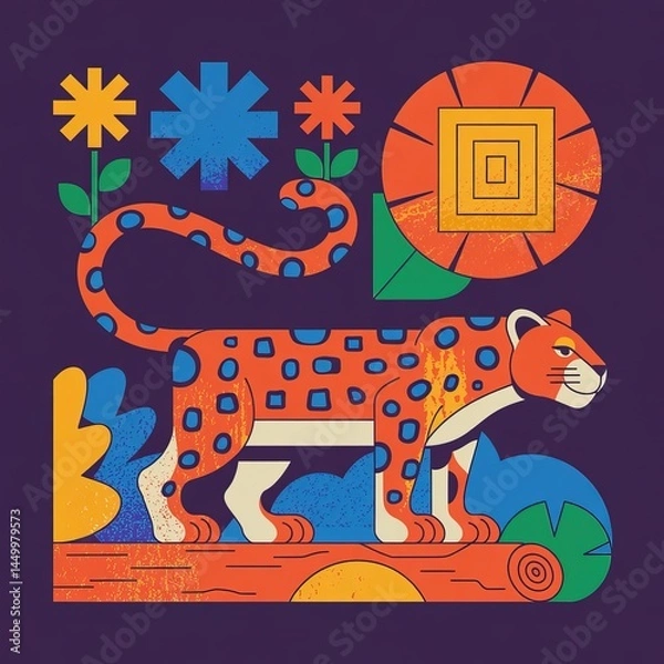 Fototapeta A bold jaguar stands confidently on a log, featuring vibrant geometric flora and a striking purple background