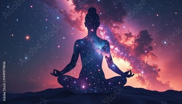 Fototapeta meditating figure in cosmic colors against a galaxy background  