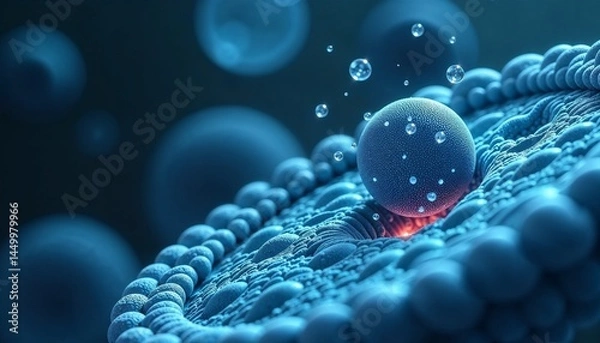 Fototapeta Microscopic view of cells interacting with bubbles in blue  