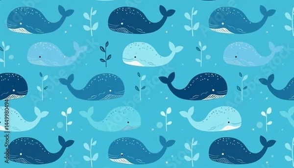 Fototapeta Whales swimming playfully against a vibrant blue background  