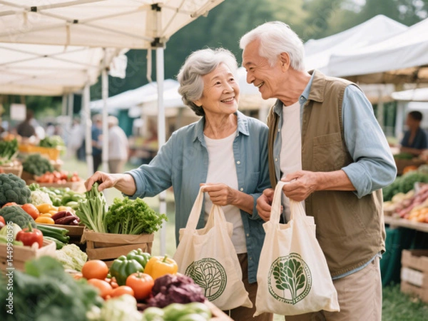 Obraz Senior couple buying fresh vegetables at farmers market with reusable bags, promoting brain health, dementia prevention, sustainable lifestyle and healthy aging habits
