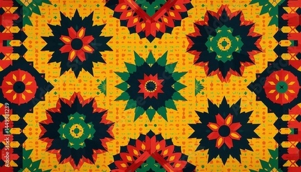 Fototapeta Colorful African geometric pattern with stars and flowers on a vibrant background  