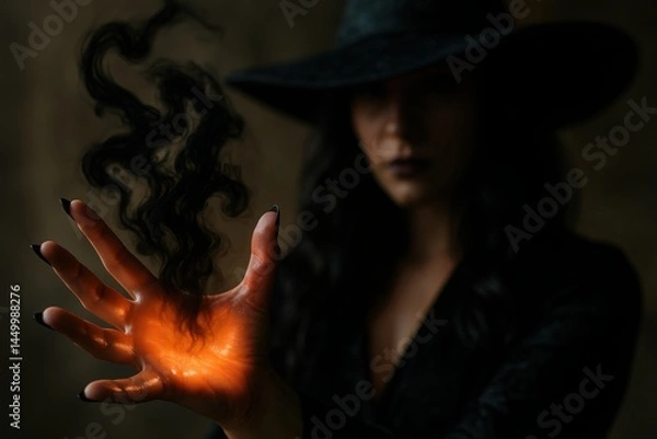 Obraz Witch Casting Shadow Spell with Outstretched Fingers and Fiery Palm Energy Glow

