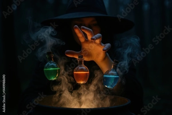 Fototapeta Witch Controlling Floating Bottles and Spell Smoke Above Cauldron in Midnight Forest

