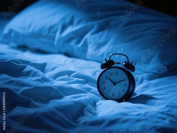 Obraz Ringing alarm clock and wrinkled sheets at early morning, dark shadows and blue light, representing cognitive fatigue and sleep deprivation, visual metaphor of insomnia