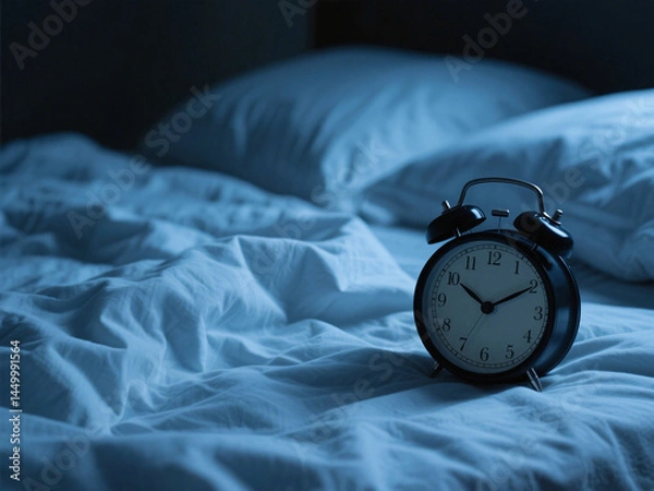 Obraz Uncomfortable sleep setting with wrinkled sheets and ringing alarm clock, dark shadows, blue light, visual representation of sleep deprivation and cognitive fatigue