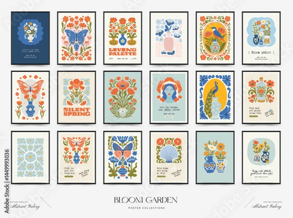 Fototapeta Abstract floral posters template. Modern trendy Matisse minimal style. Pink and blue colors. Hand drawn design for wallpaper, wall decor, print, postcard, cover, template, banner.