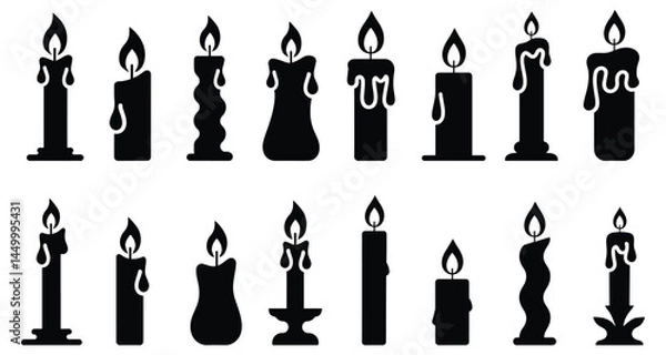 Fototapeta Candle Silhouette. Set of different candle silhouettes. Religion commemorative, birthday, and party candle silhouette on a white background.