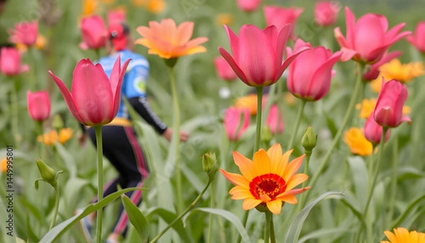 Fototapeta Colorful Tulips And Runners In Spring Garden