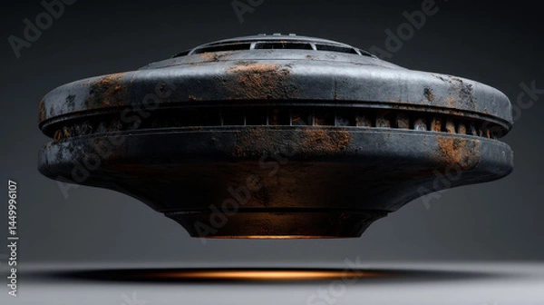 Fototapeta Rusty grey round metal UFO spaceship with brutalist design hovers against dark background, casting soft glowing light underneath, evoking mysterious and futuristic atmosphere