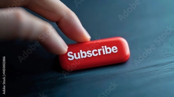 Fototapeta Subscribe Button Concept: A Hand Reaches for the Red Subscribe Button on a Dark Background, symbolizing online engagement and content creation.