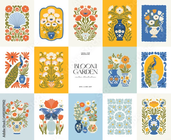 Fototapeta Floral abstract elements. Botanical composition. Modern trendy Matisse minimal style. Floral poster, invite. Vector arrangements for greeting card or invitation design